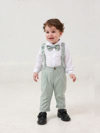 Baby Boy's Gentlemen Style Two Piece Set With Long Sleeve Shirt, Bow Tie And Suspender Pants For Wedding, Birthday, Party, Performance, Baptism Ceremony, First Birthday | SHEIN USA