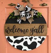 Welcome Yall Farmhouse Black Cow Print Door Hanger - Etsy