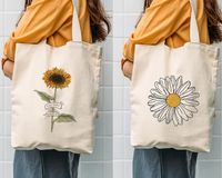 Aesthetic Canvas Tote Bag Set, You Are Worty, Minimalist Eco Canvas Bag, Women Trend Tote Bag, Daisy and Sunflower Printed Reusable Tote Bag