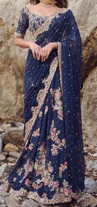 Chiffon Sari Resham and Zardozi Embroidery Chantilly Choli