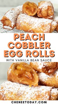 Peach Cobbler Egg Rolls - fried egg rolls filled with spiced peach cobbler filling! This peach cobbler egg rolls tiktok viral dessert is so easy and SO good!