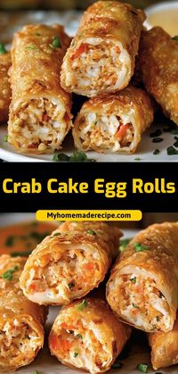 Crab cake egg rolls are crispy, savory, and filled with classic crab cake flavors. A great appetizer for seafood lovers! Ingredients: 1 cup crab meat ½ cup breadcrumbs 4 egg roll wrappers Oil for frying Serve these egg rolls with tartar sauce or remoulade for dipping