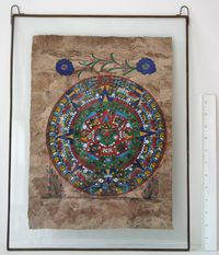 VINTAGE 2 SIDE GLASS FRAMED MEXICAN AZTEC CALENDAR AMATE BARK PAINTING NICE ART