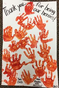 Handprint flame poster for firefighters. Preschool Fire Truck Day. Fire Safety Day