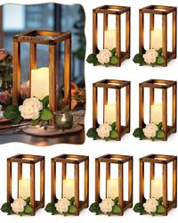 PRICES MAY VARY. Quantity and Size: you will receive 8 pieces of lantern candle holders and 8 pieces of flameless decorative LED candles; Each lantern holder measures approx. 10.6 x 5.5 x 5.5 inches/ 27 x 14 x 14 cm and each LED candle is about 5 x 3 x 3 inches/ 12 x 7.5 x 7.5 cm, proper size for you to use Solid Material: the farmhouse lanterns home decor is made of solid wood material, sturdy and stable in structure, smooth in surface, not easy to break, deform or fall apart, reusable and suit