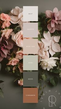 Charming Earthiness: Bring charming earthiness to your branding or wedding with this soft earth tones palette. Featuring brown, moss green, sage green, muted rose, blush, and grey, these colors create a cozy and inviting feel. Perfect for small business branding or autumn weddings, this palette exudes natural charm and elegance. #CharmingEarthiness #SoftEarthTones #WeddingInspiration