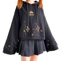 US $5.87 16％ Off | Autumn Women Kawaii Short Hoodie Harajuku Flare Long Sleeve Starry Sky Print Lightning Embroidery Drawstring Hooded Sweatshirt