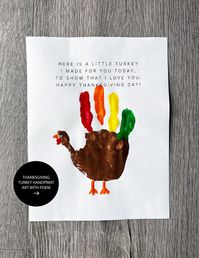 "WHAT YOU'LL GET ----- You will receive (1 PAGE) 8.5\" x 11\" format PDF file of the Thanksgiving Turkey Poem Handprint Art. This is a a great Thanksgiving Activity for Thanksgiving Coloring Sheets. This is a .PDF format and IS NOT EDITABLE. Please note that this is a digital download only, no physical product will be shipped. Also, the painted handprints are for example purposes and not included in the print. WHAT YOU'LL DO ----- 1. Checkout and download file(s) to your computer. 2. Open up the .PDF file(s). 3. Choose a paper. Picking a card stock or thicker paper will give you better results! 4. Print the file on your home computer or take it to a print shop. (Staples, Office Max, local print shop, etc.) QUESTIONS -----  If you have any problems or concerns, please feel free to contact m