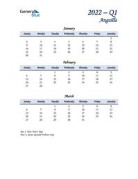 Free quarterly calendar for Anguilla with holidays. Holiday calendars in PDF, Word, and Excel are printable and easy to customize.