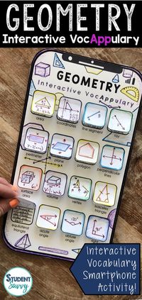 Geometry Interactive VocAPPulary™ (Math Vocabulary)  This creative resource is a simple, yet effective way for students to learn vocabulary on a specific topic! The perfect tool for learning and memorizing important math concepts!(Editable) Vocabulary words included in this set: area, coordinates, line segment, ray, perimeter, plane, polygon, perpendicular lines, surface area, volume, vertex, isosceles triangle, equilateral triangle, acute angle, obtuse angle, right angle