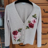 Oatmeal Wool Sweater With Red And Pink Rose's. Button Front. Never Worn. Too Much For Florida Weather. 17 Wide Folded And 25 Inches Long.