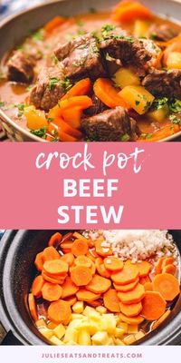 Tender, juicy stew meat with potatoes and carrots make this the best Crock Pot Beef Stew! This stew is rich, chunky and hearty. Perfect for curling up with on a cold winter night. Throw it in your slow cooker for a quick and easy dinner today! #beef #stew