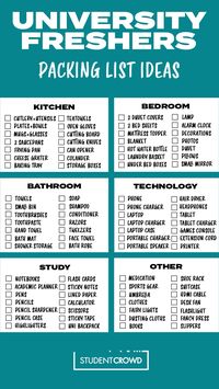 A list of things to bring to university, kitchen items, bedroom items, bathroom items, techology items, study items and other items. Things you might forget to pack when moving to university!