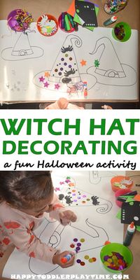 Witch Hat Decorating - HAPPY TODDLER PLAYTIME Here is fun, engaging and easy to set up Halloween activity your little one will enjoy! Decorate a witch’s hat! #halloweenactivity #kidscrafts #toddleractivity