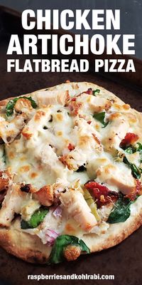 For this chicken artichoke pizza, I decided to add grilled chicken, fresh spinach, and marinated artichokes, and sun-dried tomatoes.