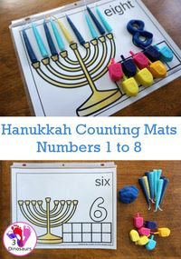 Free Hands-On Hanukkah Themed Counting Mats: 1 to 8 - 8 different mats for counting each night - 3Dinosaurs.com #handsonprintables #hanukkah #countingforkids