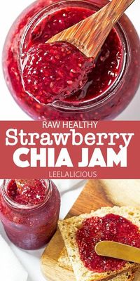 This Strawberry Chia Jam is raw, refined sugar-free, and pectin-free. Instead, it is thickened with super nutritious chia seeds. Great on toast, yogurt, or ice cream.  #jam #strawberryjam #chiajam #chia #chiaseeds #strawberries #fruit #homemade