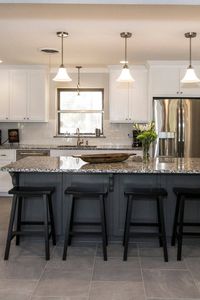 White Tile Backsplash Cabinets Gray Luna Pearl Granite Countertops Porcelain Floor