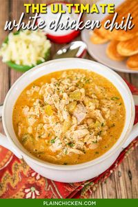 The Ultimate White Chicken Chili - the BEST of the BEST White Chicken Chilis! SO good and ready to eat in under 20 minutes! Rotisserie chicken, white beans, corn, green chilies, chicken broth, onion, garlic, cumin, chili powder, half-and-half, pepper jack cheese. Top with some sour cream and extra cheese. Makes a ton. Freeze leftovers for a quick meal later.