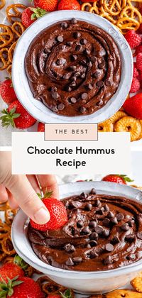 The best chocolate hummus recipe made with simple ingredients for the perfect, easy dessert! This vegan chocolate hummus recipe comes together in just 5 minutes and is delicious with berries, crackers, pretzels and more. #hummus #chocolate #healthydessert #vegandessert