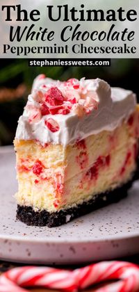 This cheesecake tastes like Christmas! It is a white chocolate baked cheesecake on an Oreo crust, topped with whipped cream. It tastes SO good!