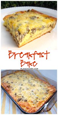 Breakfast Bake - crescent rolls topped with sausage, eggs, milk, cheddar and mozzarella cheese. SO good! Ready in 30 minutes. Great for a potluck.