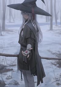 Anime girls,Drawing,Yohan1754,Original characters,Witch,Witch hat,Silver hair,Blue eyes,Eyepatches,Smiling,Snow,Pov,HD Wallpaper