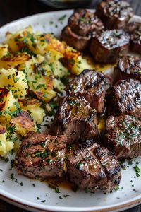 Garlic Butter Steak Bites and Cheesy Smashed Potatoes