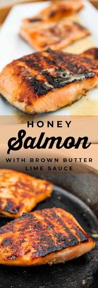 Honey Salmon with Browned Butter Lime Sauce from The Food Charlatan. This Honey Salmon with Browned Butter Lime Sauce is the best salmon I've ever had, and that includes restaurants. It's SO easy: pan sear the salmon in a bit of honey, then blend up a simple sauce with lime and brown butter. It's seriously amazing! #salmon #pansear #stove #honey #lime #easy #recipe #seafood #fish #dinner #healthy #brownbutter