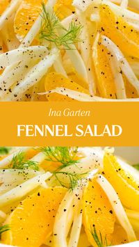 Ina Garten's Fennel Salad is made with fennel bulbs, oranges, olive oil, lemons, kosher salt, black pepper, and arugula. This refreshing and healthy salad takes about 20 minutes to prepare and serves 6 people.  This crisp Fennel Salad pairs well with grilled fish, roasted chicken, or a light pasta dish. It can also be served alongside a cheese platter, crusty bread, or as a vibrant side to a main course.