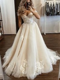 Ball Gown Off-the-shoulder Tulle Court Train Wedding Dresses With Appliques Lace #UKM00023935