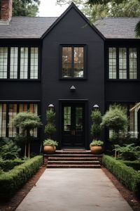 Black home exterior ideas embody a contemporary and daring look, featuring a range of options from monochromatic black facades to striking contrasts with white or natural wood elements. These designs exude a sophisticated and edgy appeal, making a strong statement in residential architecture.