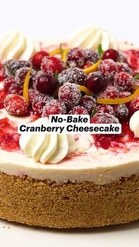 This no-bake Cranberry Cheesecake recipe combines rich and creamy cheesecake filling with swirls of tangy cranberry sauce. Paired with a buttery graham cracker crust and topped with fresh whipped cream and sugared cranberries this festive and decadent dessert is perfect for the holiday season.