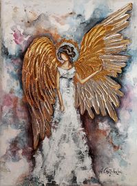 Original Angel painting Abstract WhiteAngel art Gold Silver Angel Wings Guardian Angel art, Mixed Technique Contemporary Angel painting art