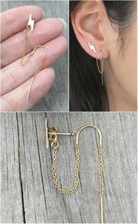 Dainty 14k gold filled threader earring and lightning bolt stud combination. The chain of the threader earring is connected to the ear nut of the lightning earring.  You can only wear this earrings combo if you have two piercings in one ear! Please select the number of sets you need from the drop