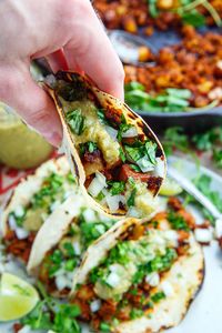 Chorizo and Potato Tacos with Avocado Salsa Verde