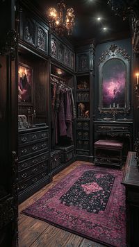 Step into a Gothic walk-in closet with enchanting medieval decor. Dive into a deep purple and black palette, surrounded by dark art, candelabras, and a moonlit ambiance. 🌙✨ #GothicDecor #MedievalStyle #DarkAesthetic #Midjourney #ClosetGoals