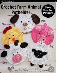 Chicken Dog Pig Cow Sheep or Chick pot holders / hot plates  These are for actual crocheted items and not pattern.  Please add color requests when you place order      Any ( most) color available! Must tell me which animal / color  you are wanting when placing order!