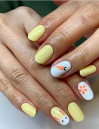 Easter Nails: Baby Bunny. Pale yellow Easter nails with bunny, carrot, and floral designs. Click through for 30 Easter nail design ideas. #easternaildesigns #easternails #springnailideas #nailideas IG: @joymanicure