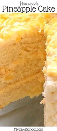 This Moist and Flavorful Homemade Pineapple Cake Recipe is the BEST! Scratch Yellow Cake Layers with a flavorful Pineapple and Cream Filling and Cream Cheese Frosting! MyCakeSchool.com. #pineapple #pineapplecake #cakerecipes #cake