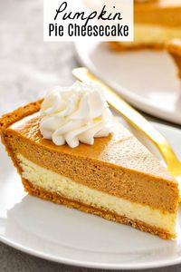 This phenomenal Pumpkin Pie Cheesecake has a thick layer of cheesecake, topped with a layer of spiced pumpkin cheesecake, all wrapped in a graham cracker crust! #PumpkinPieCheesecake #PumpkinCheesecake #PumpkinPie #Pumpkin #PumpkinRecipes #Thanksgiving #ThanksgivingRecipes #Fall #FallRecipes #Dessert #Pie #ThanksgivingDesserts