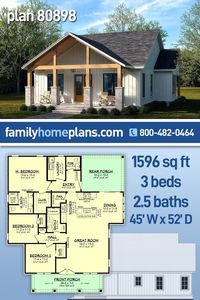 Country, Farmhouse Style House Plan 80898 with 1596 Sq Ft, 3 Bed, 3 Bath