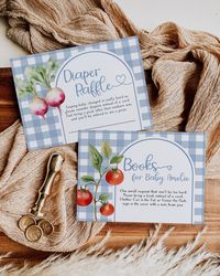 Celebrate your locally grown baby boy with our Farmers Market Baby Shower Invitation template. This blue-themed design featuring fruit shower decor is perfect for a gardening or market baby shower. Easily editable and downloadable – a delightful way to announce your baby on the way! ✅ INSTANT ACCESS✅ EDIT ALL TEXT/FONT & FONT COLOR✅ PRINT AT HOME OR PROFESSIONALLY✅ DEMO 👉 https://www.corjl.com/d/3IP2I2 𝐖𝐇𝐀𝐓 𝐈𝐒 𝐈𝐍𝐂𝐋𝐔𝐃𝐄𝐃?• Baby Shower Invitation - 5x7''• Diaper Raffle - 5.5x4''• Books for Baby - 5.5x4''• Instructions