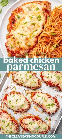 This Baked Chicken Parmesan recipe is so easy to make! Perfectly crispy, coated with a delicious sauce and cheese for a healthy dinner! Serve with pasta or a salad for a healthy dinner. You can make it with chicken breasts or tenders!