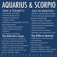 #Aquarius & #Scorpio relationship. Listed above are the positive aspects of a relationship / friendship and the potential issues that may cause problems. (Please note that each other's Moon signs should be taken into consideration to get the bigger picture) #ClassicAquarius #Aquarius