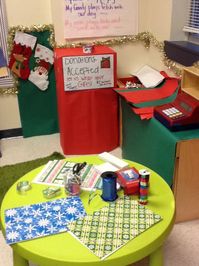 Dramatic play - gift wrapping station. Writing element with gift tags and cards. Dollar tree: boxes bows ribbon decorations paper gift tags cards. #christmascards #christmas #cards #eyfs