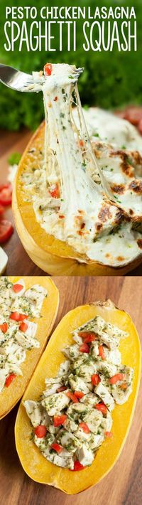 Cheesy Pesto Chicken Lasagna Stuffed Spaghetti Squash