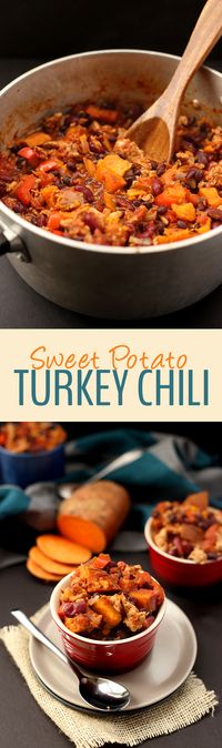 Lightened-up chili using ground turkey and sweet potato! This Sweet Potato Turkey Chili can be made in one-pot and will feed you all fall and winter long!