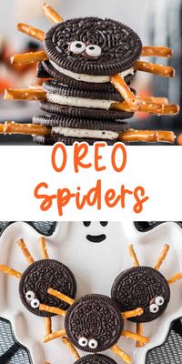 These OREO spider cookies are so fun and so easy to make as a quick Halloween dessert. My kids love to help put the pretzel "spider legs" on them. So easy and cute and perfect for Halloween parties!