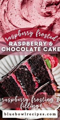 Chocolate Raspberry Cake has rich chocolate cake layers frosted with a Raspberry Cream Cheese Frosting, filled with raspberry preserves, and finished with a luscious chocolate ganache drip. This cake is ultra moist and packed with raspberry and chocolate flavor. It’s the perfect cake for any celebration!